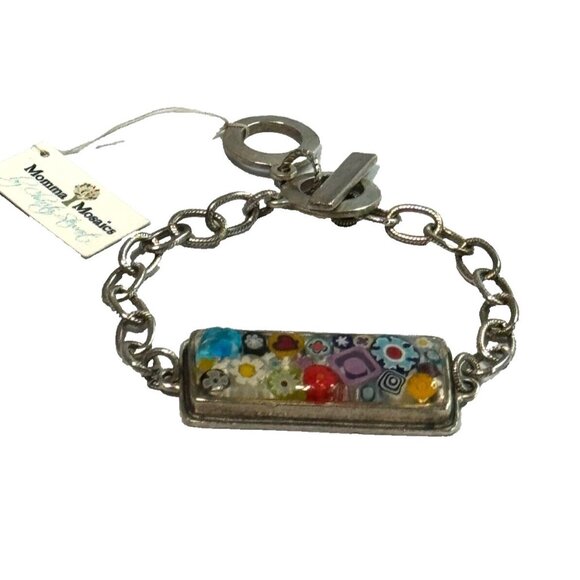 Momma Mosaics Artisan Milefiore Chain Link Bracelet With Floral & Geometric Desi - Picture 1 of 4